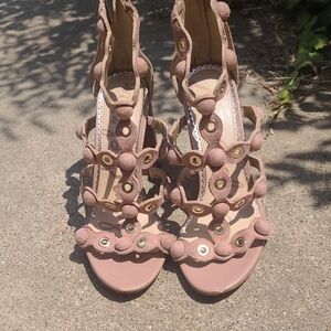 Sam Edelman Dusty Rose Pink And Gold Suede Heels With Poms And Studs, 6